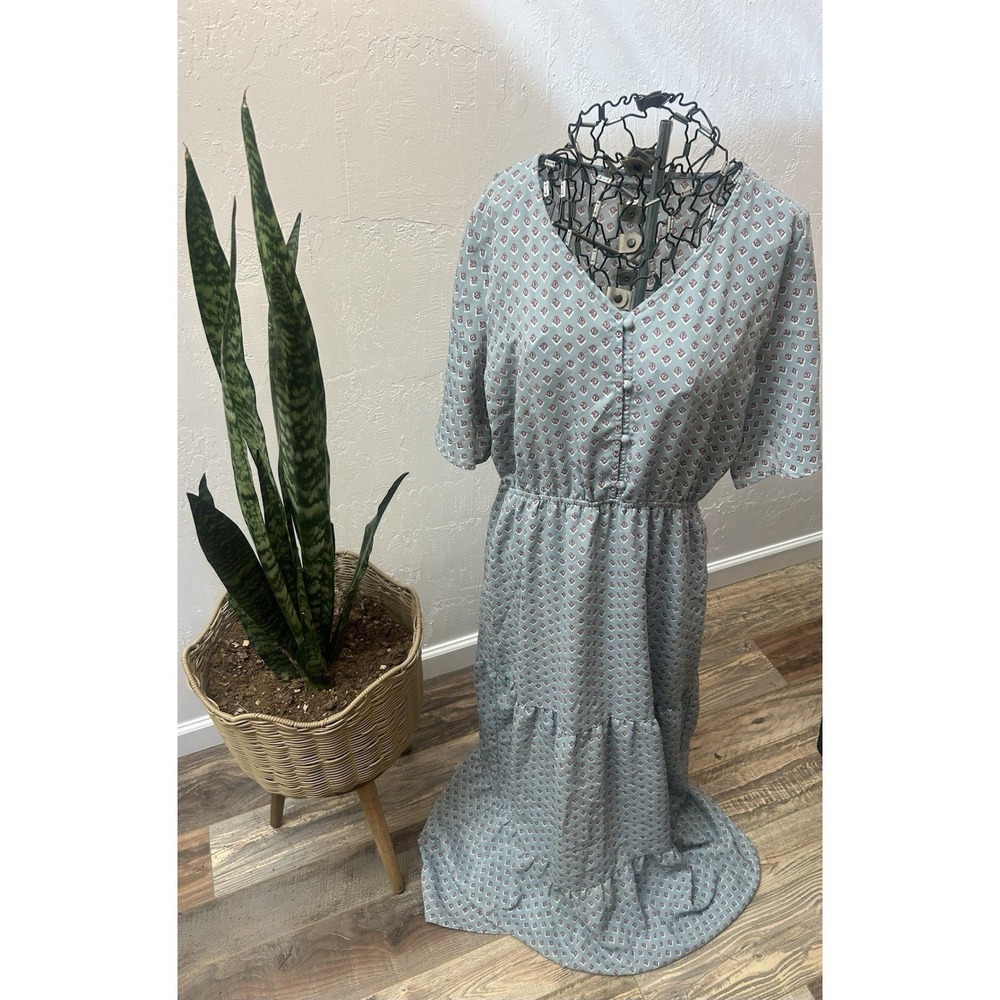 Polagram Women's Geometric V-Neck Short Sleeve Button Front Dress L